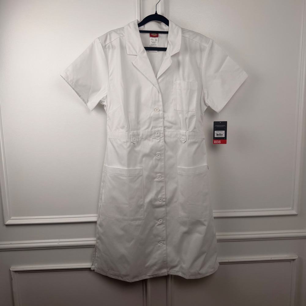 Dickies Dress Womens M White Medical Nurse Scrub Button Front Pockets Waist Tabs